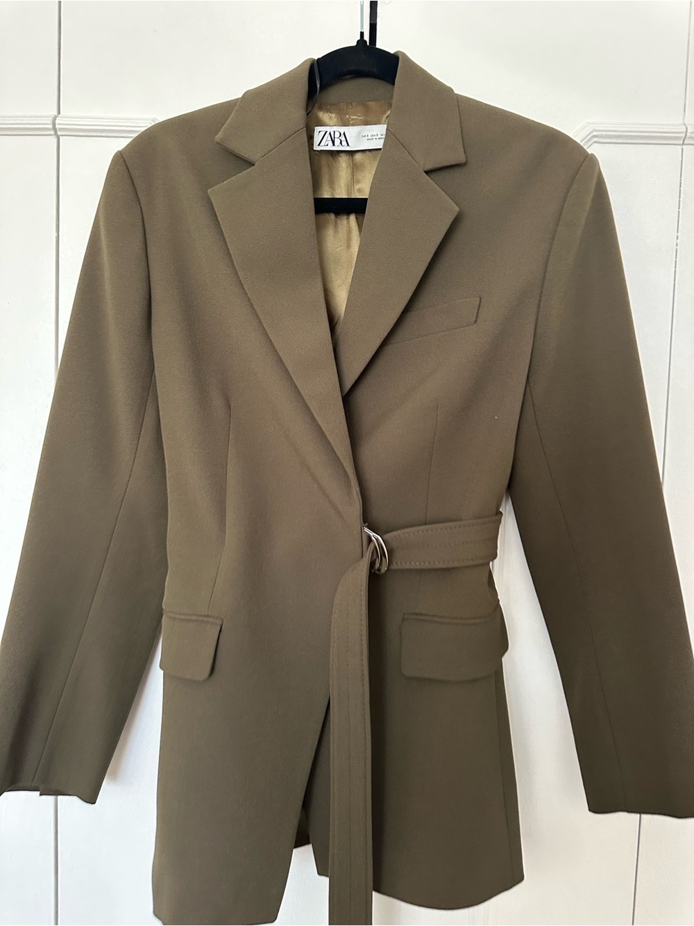 Zara Belted Blazer Jacket in Olive Green